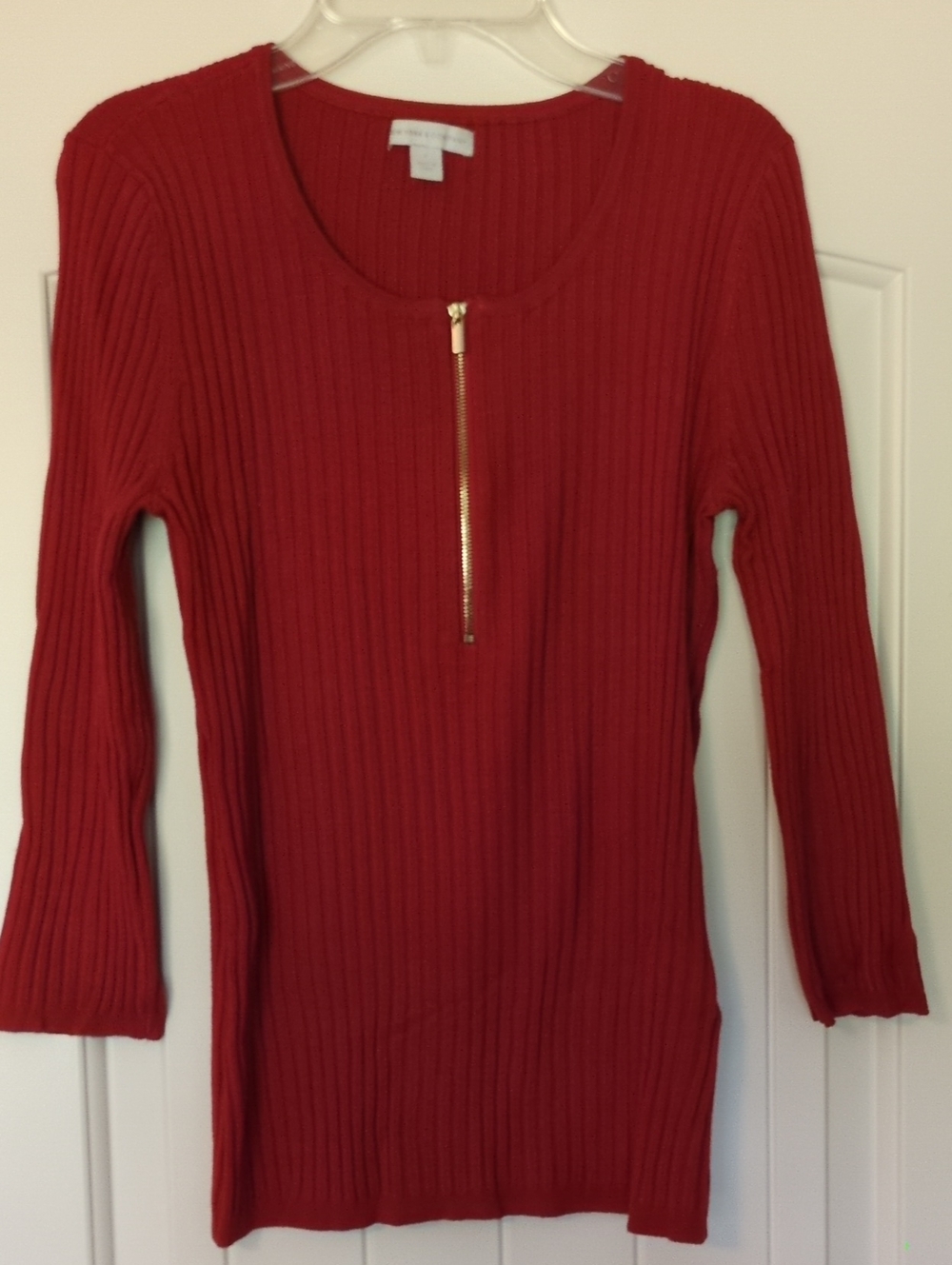 New York & Company Red Ribbed Zip-Front Long Sleeve Top